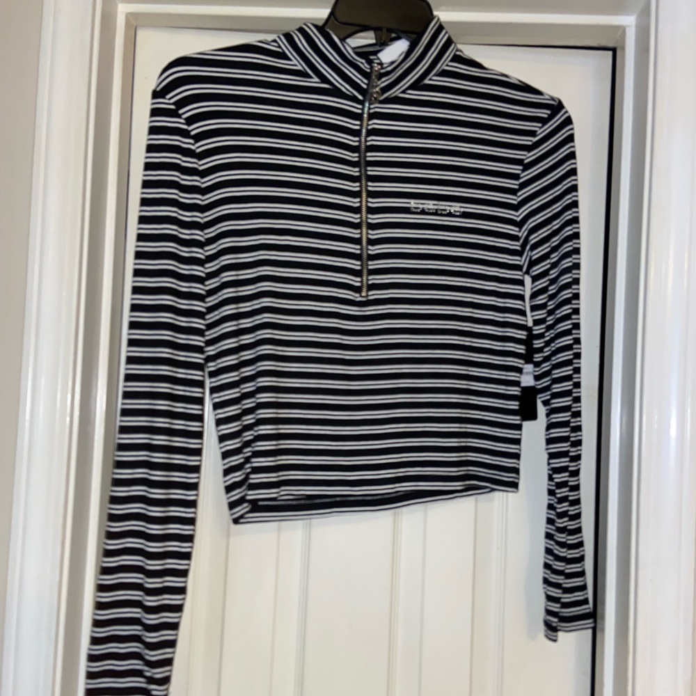 bebe Black and White Striped Long Sleeve Top